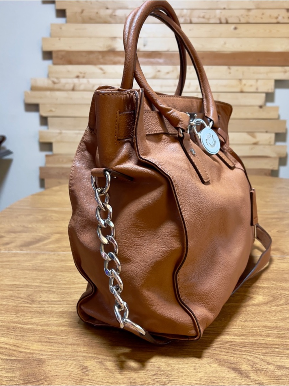 Michael Kors Hamilton Cognac Leather Silver tone Hardware Large Luggage tote Bag - Picture 2 of 11